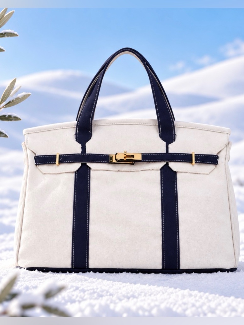 White Canvas Tote with Navy Trim